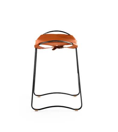 Contemporary sculptural bar stool, smoked black metal and natural tobacco leather.