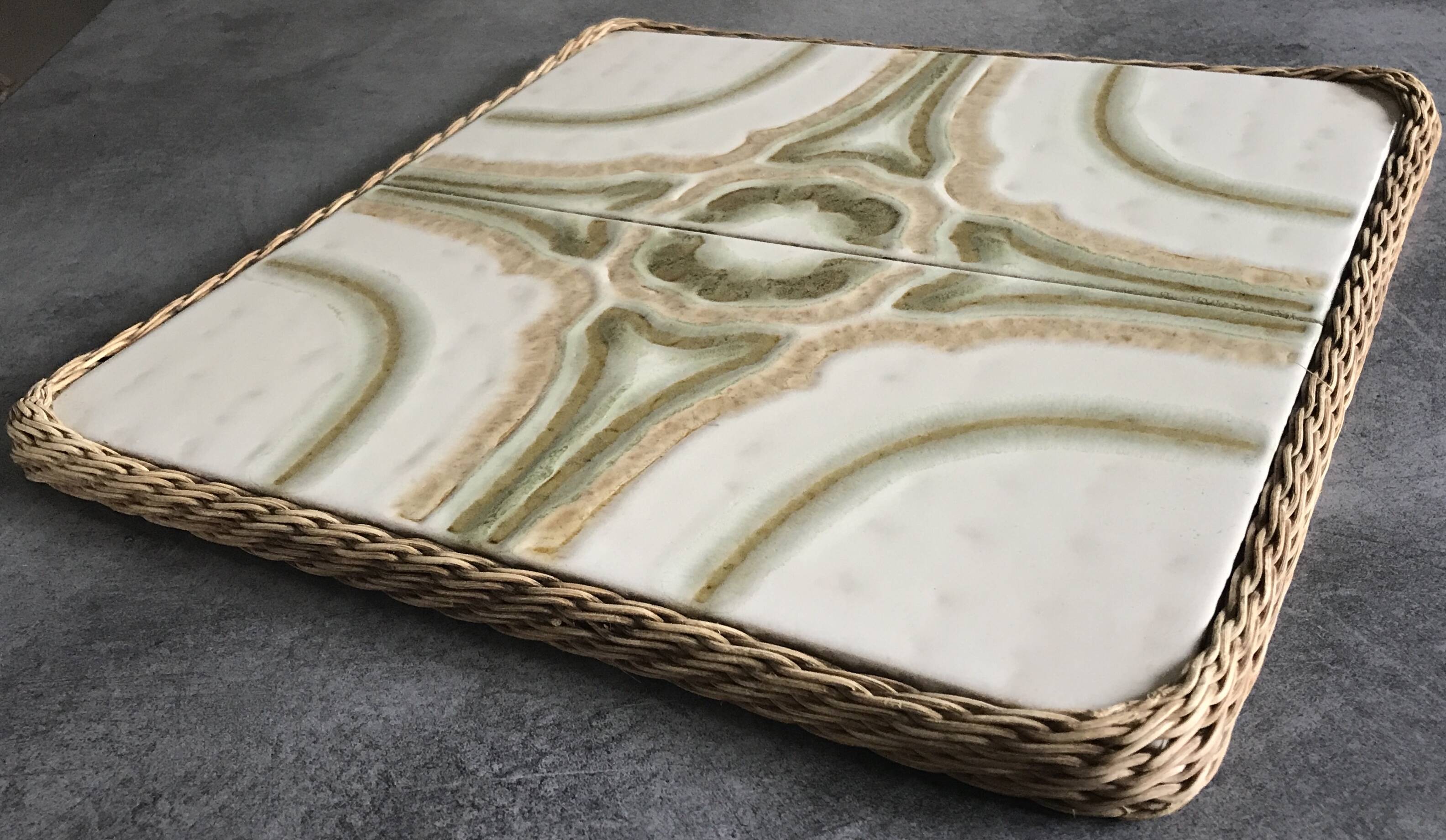 Ceramic tile trivet with vintage pattern woven wicker outline