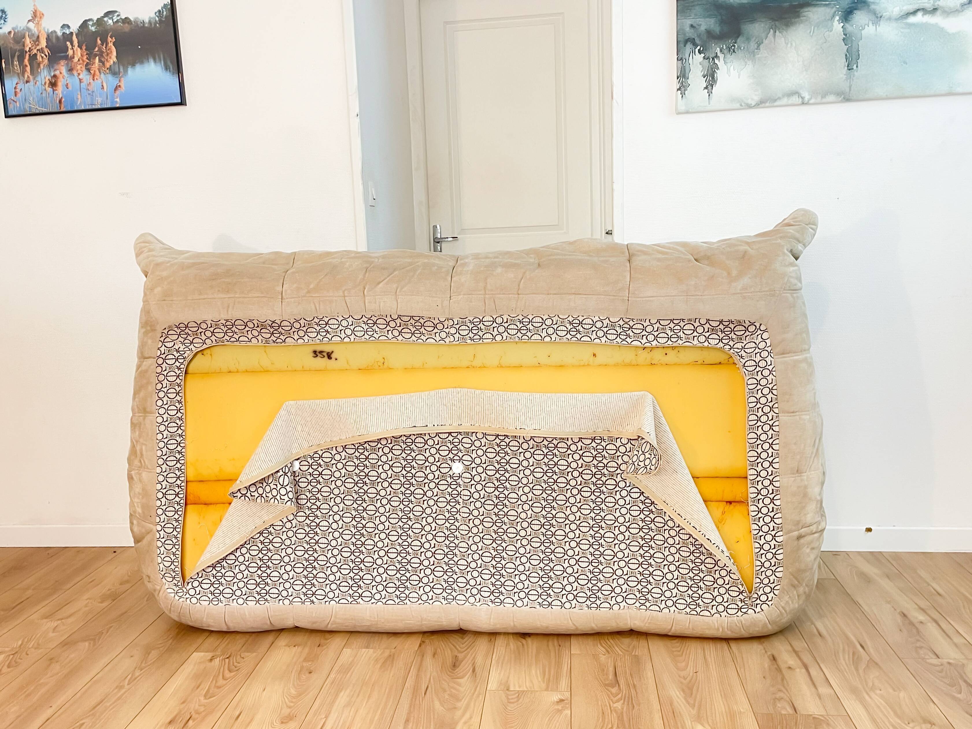 Togo sofa 3 places by Michel Ducaroy in beige velvet