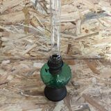 Old kerosene lamp, brass pedestal & green glass body + vintage glass tube