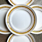 5 assiettes plates St Amand en faïence jaune et dorée