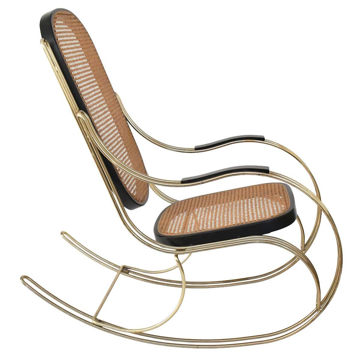 Modernist rocking chair in gilded brass and cane.
