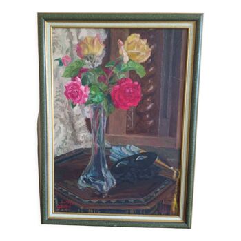 Huile sur toile 54x37 / bouquet de fleur et masque jeanne janoge (1890-?)