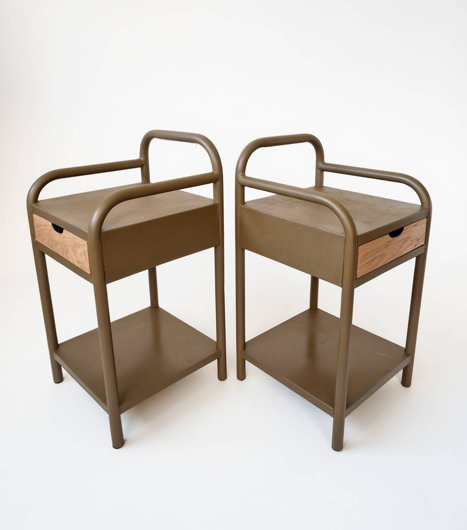 Vintage bedside tables in metal and brown beige wood.
