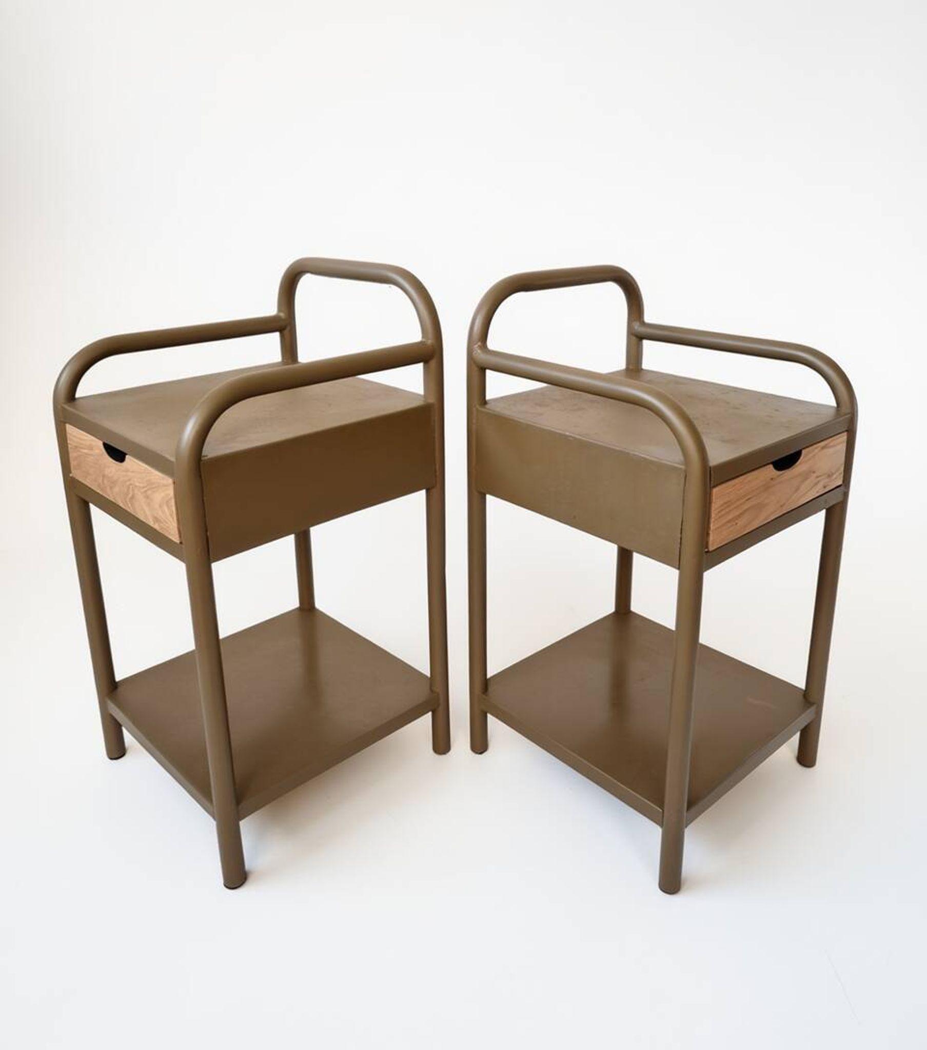 Vintage bedside tables in metal and brown beige wood.