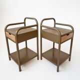 Vintage bedside tables in metal and brown beige wood.