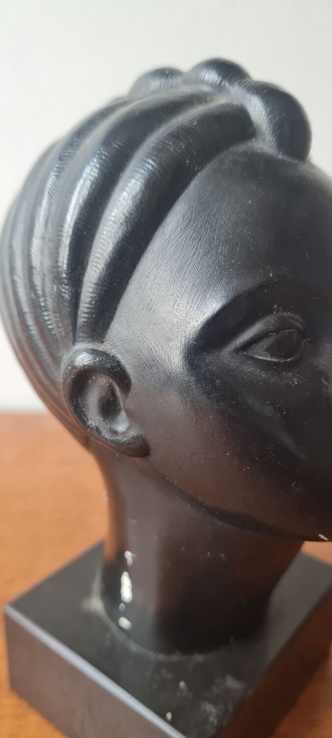 Art deco African woman bust plaster statuette signed Andre C registered