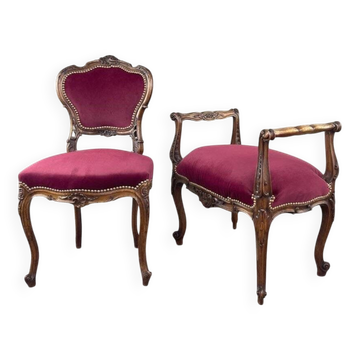 Louis xv style chair and footstool set, 19th century