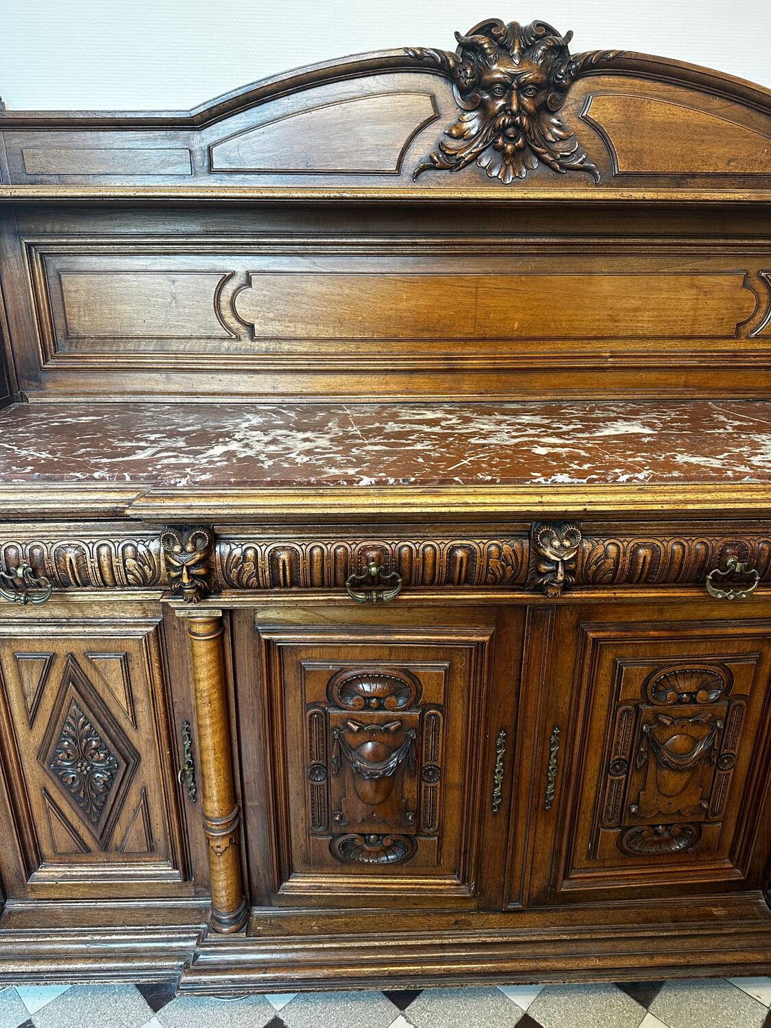 Two-part Renaissance-style buffet - Solid oak & marble, late 19th century