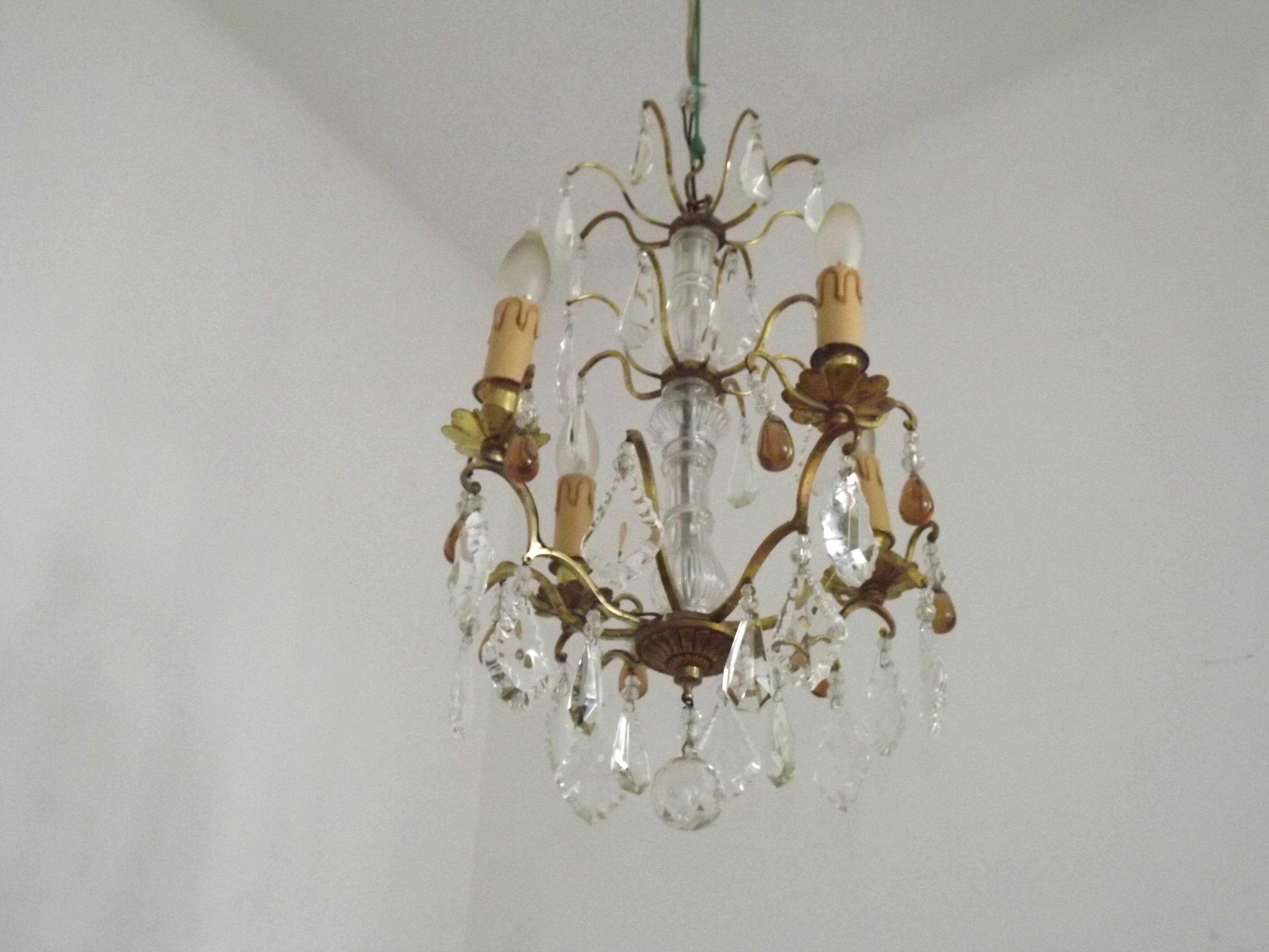 French vintage brass glass crystal 4 light chandelier with Murano droplets 4991