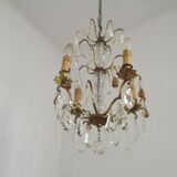 French vintage brass glass crystal 4 light chandelier with Murano droplets 4991