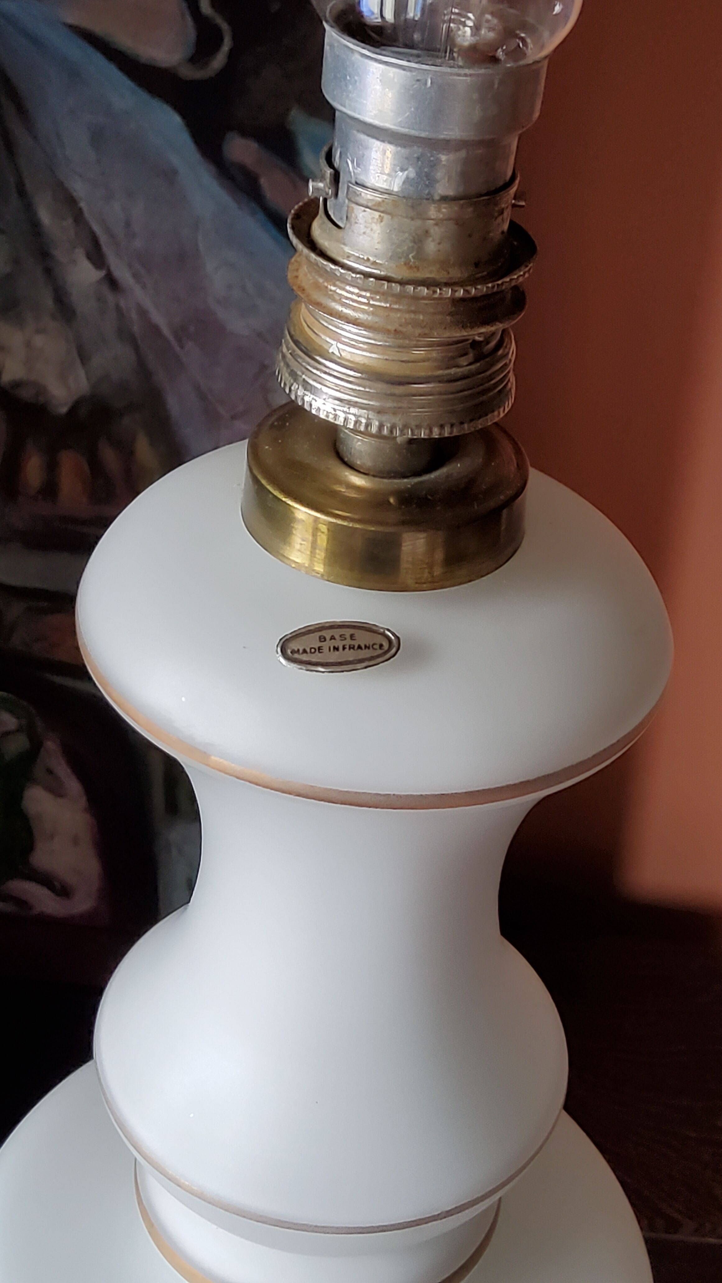 Vintage lamp of the 50s in white and golden opaline glass lampshade in red satin 75cm