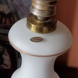 Vintage lamp of the 50s in white and golden opaline glass lampshade in red satin 75cm
