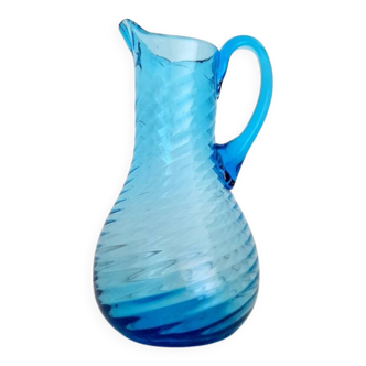 Blue twisted glass pitcher