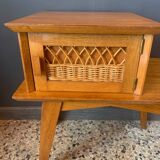 1950s wooden and rattan bedside table
