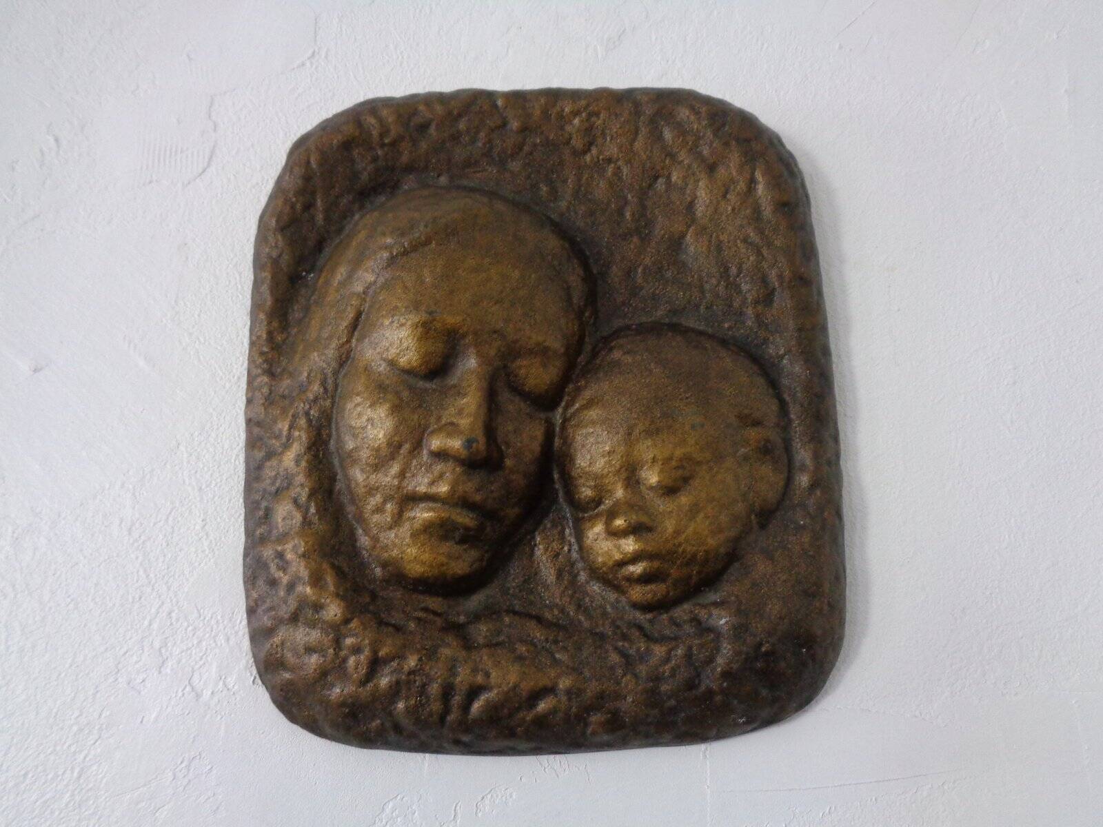 German bronze relief of mother with baby, 1940s.