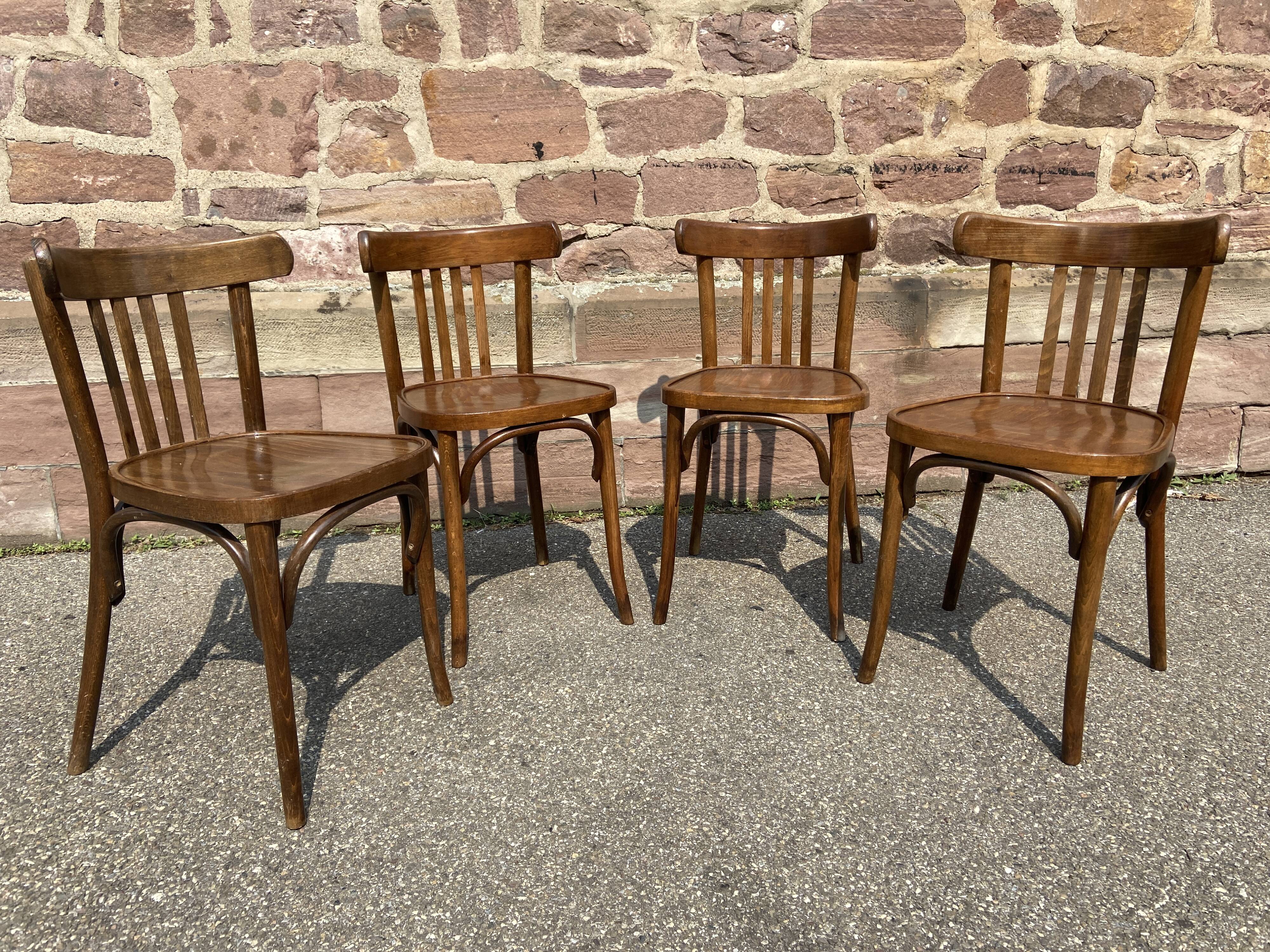 Set of 4 Viennese chairs Curved wood Restaurant Paris bistro Fischel 50s vintage Bentwood Ton st