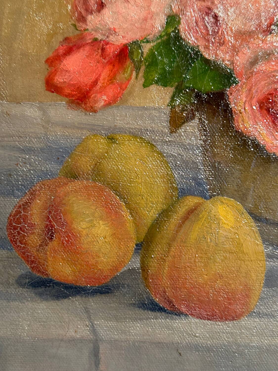 Old painting, Still life or roses and fruits, early 20th century
