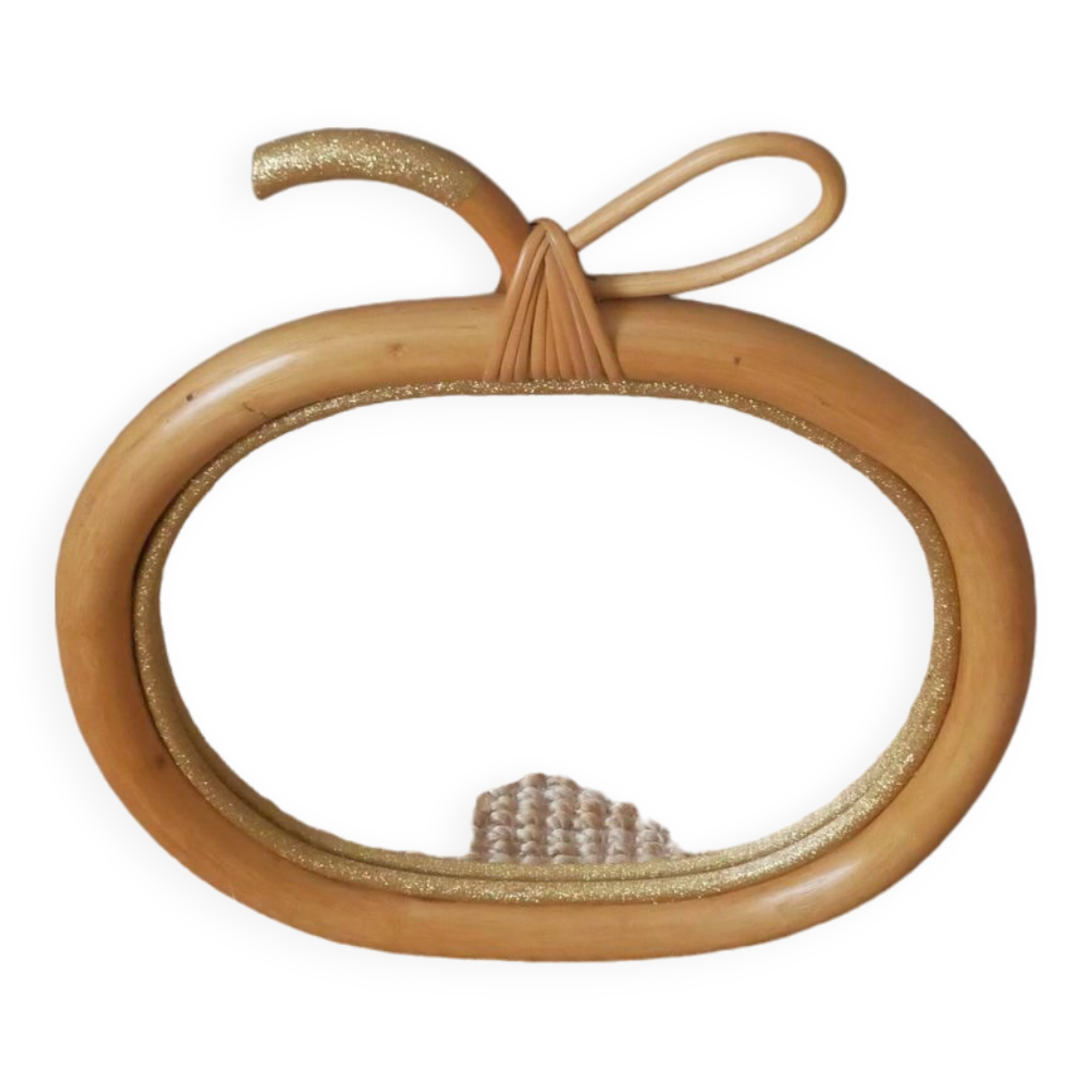 Apple mirror in rattan bamboo wicker vintage decorative object for children golden glitter