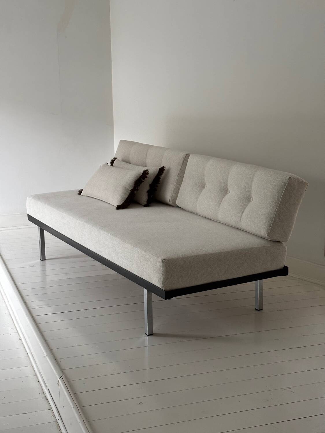 Modernist canapé design – Completely reupholstered in Pierre Frey fabric.