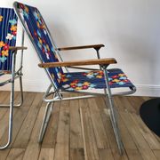 Pair of vintage camping chairs floral and wood fabrics 70s