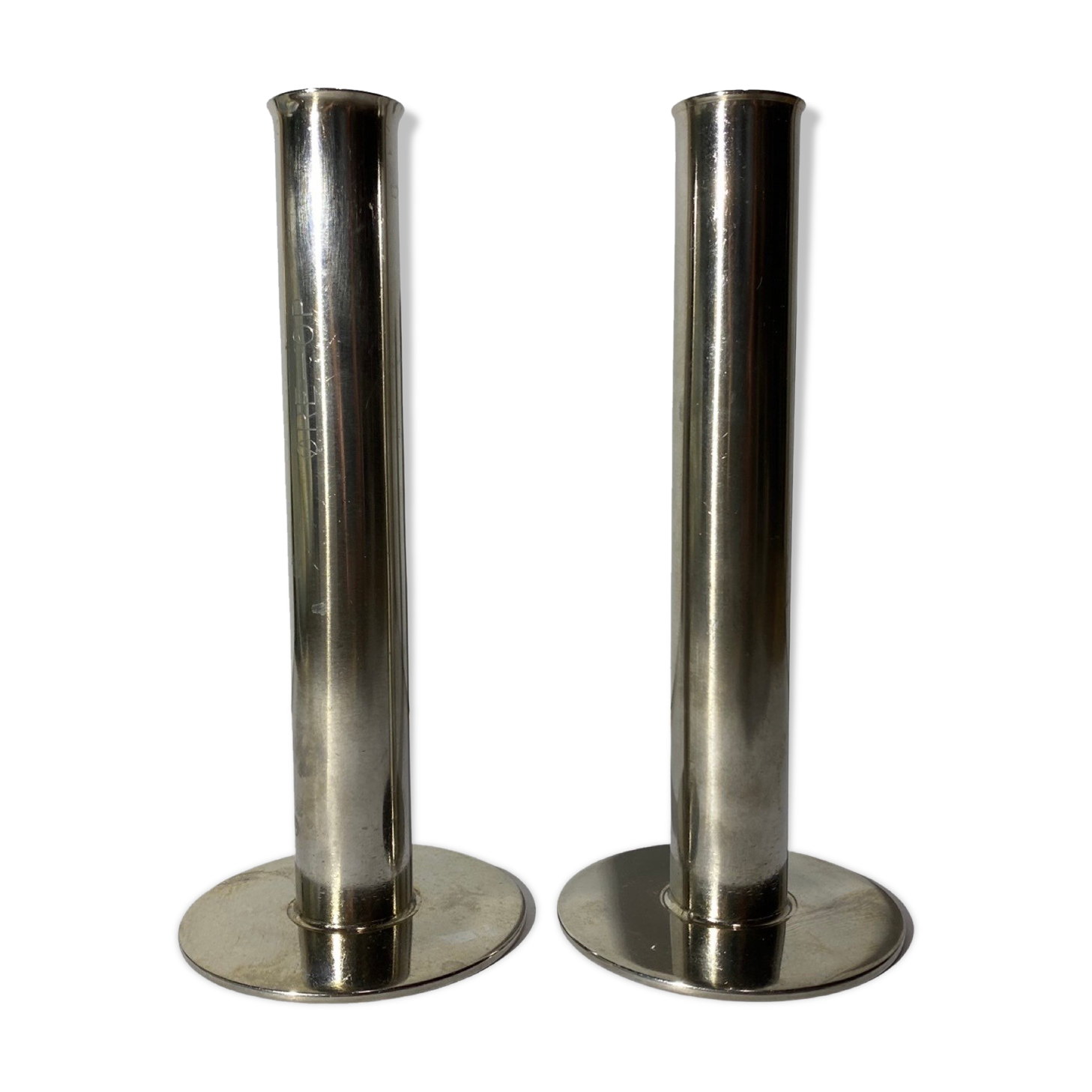 2 swedish vintage candlestick holders made in sweden, metektro rostfritt øre-op | stainless steel
