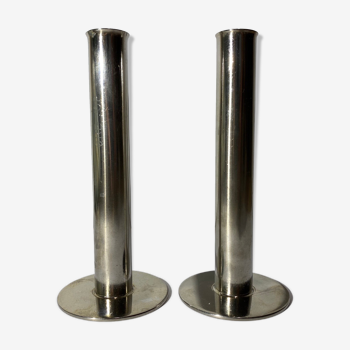 2 swedish vintage candlestick holders made in sweden, metektro rostfritt øre-op | stainless steel