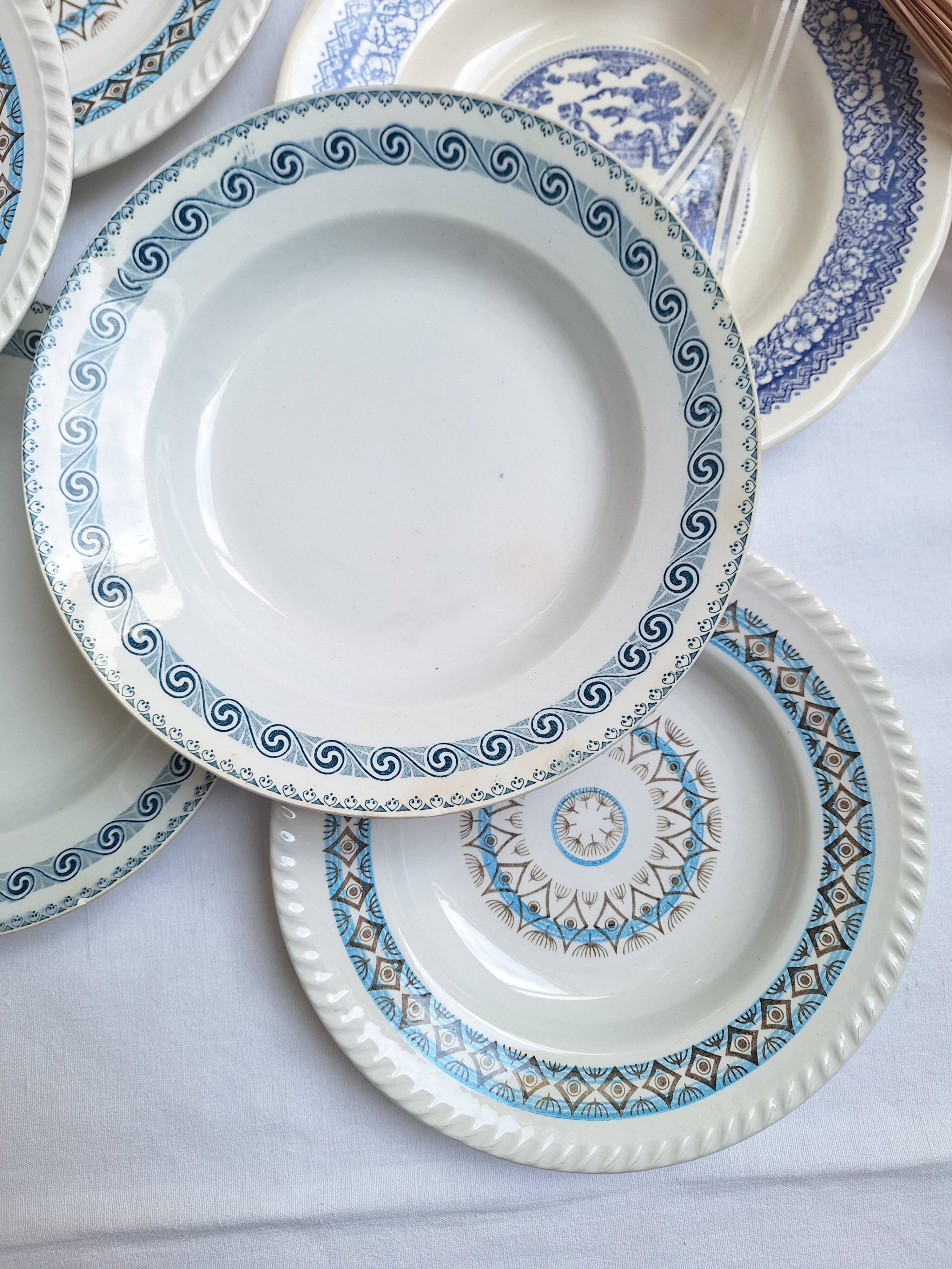 St Amand blue soup plates, Ironstone