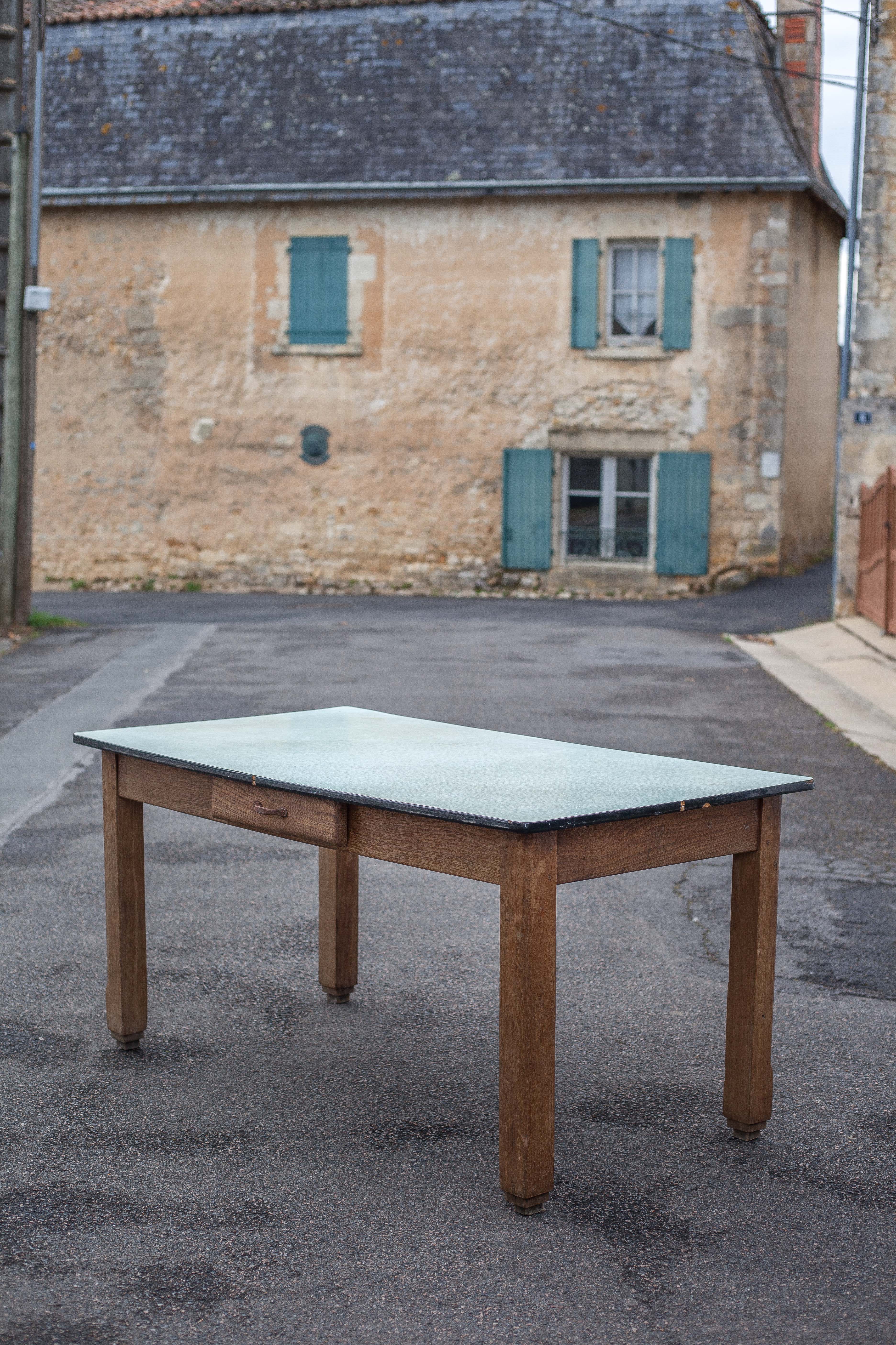 Wooden table formica top green vintage water