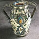 Old safi pottery vase in polychrome paint and metal sculpture décor 14 cm