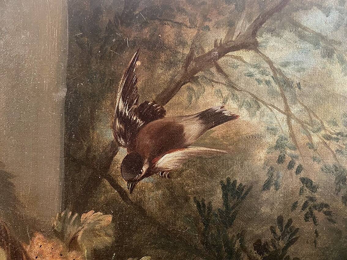 "Still Life with Fruits and Birds", oil on canvas, late 19th century.