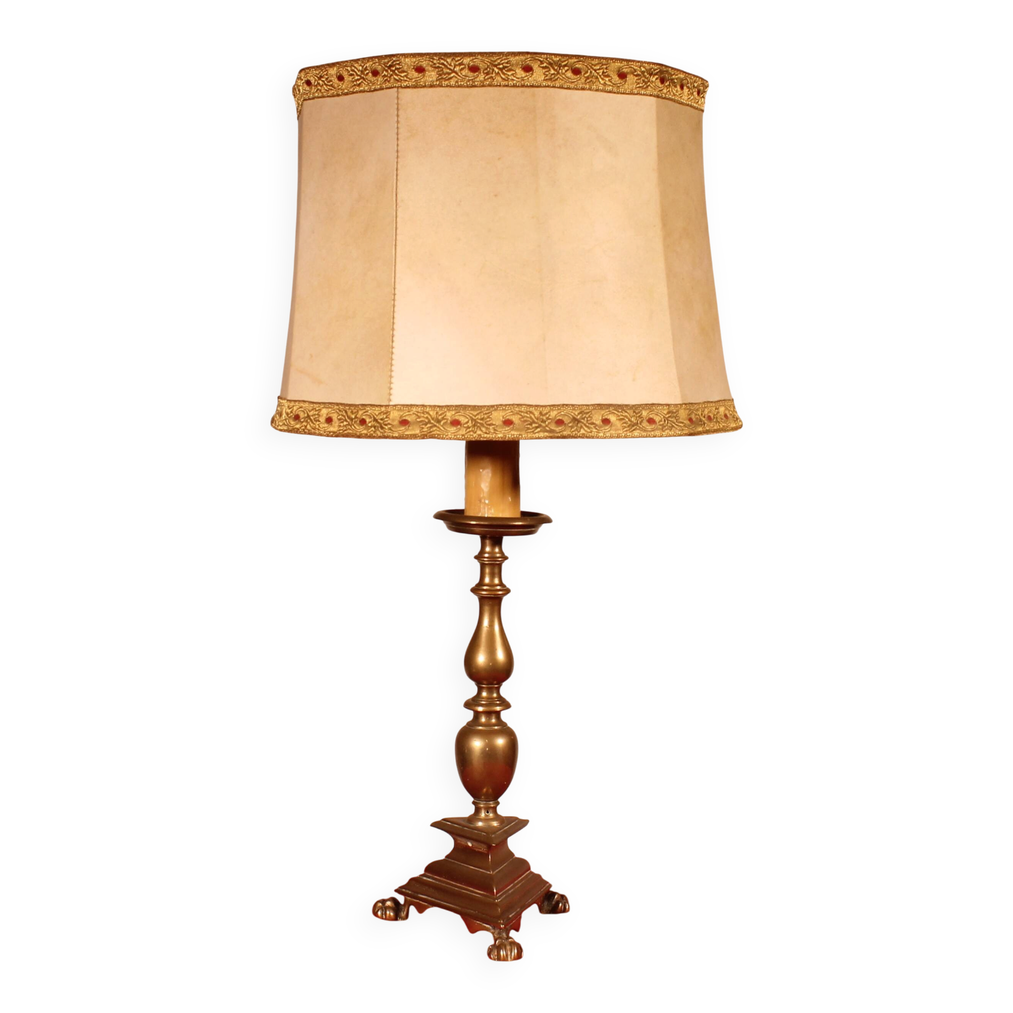17th Century Bronze Candle Holder Mounted as a Lamp with Its Parchment Shade