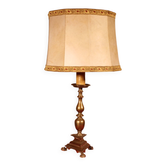 17th Century Bronze Candle Holder Mounted As A Lamp With Its Parchment Lamp