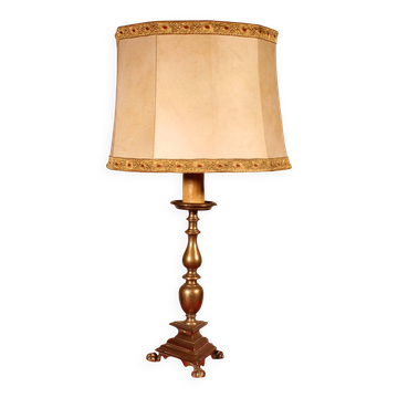 17th Century Bronze Candle Holder Mounted as a Lamp with Its Parchment Shade