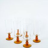 Set of 6 amber-footed champagne flutes, 1970