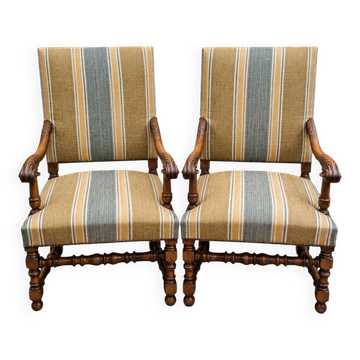 Pair of walnut armchairs – Louis XIII style – Turned and carved wood - X