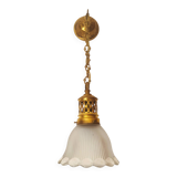 Suspension  de style art nouveau 1900 en laiton - tulipe en verre dépoli