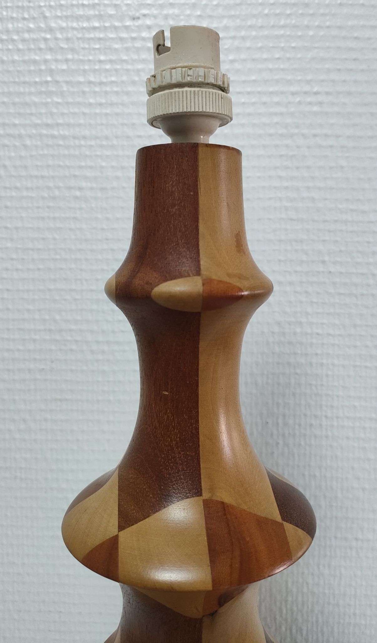 Turned wooden lamp and vintage wood inlay