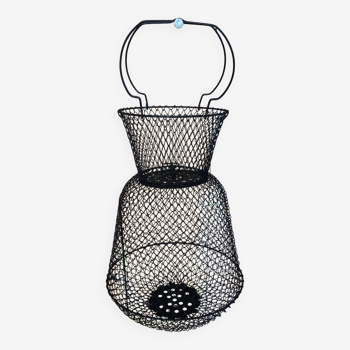Old Fishing Net Basket Black Metal Foldable Vintage #A315