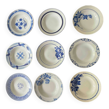 Set of 9 vintage deep plates with blue patterns.