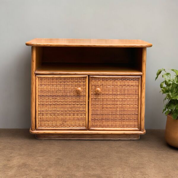 Meuble chêne rotin et osier tressé 1980