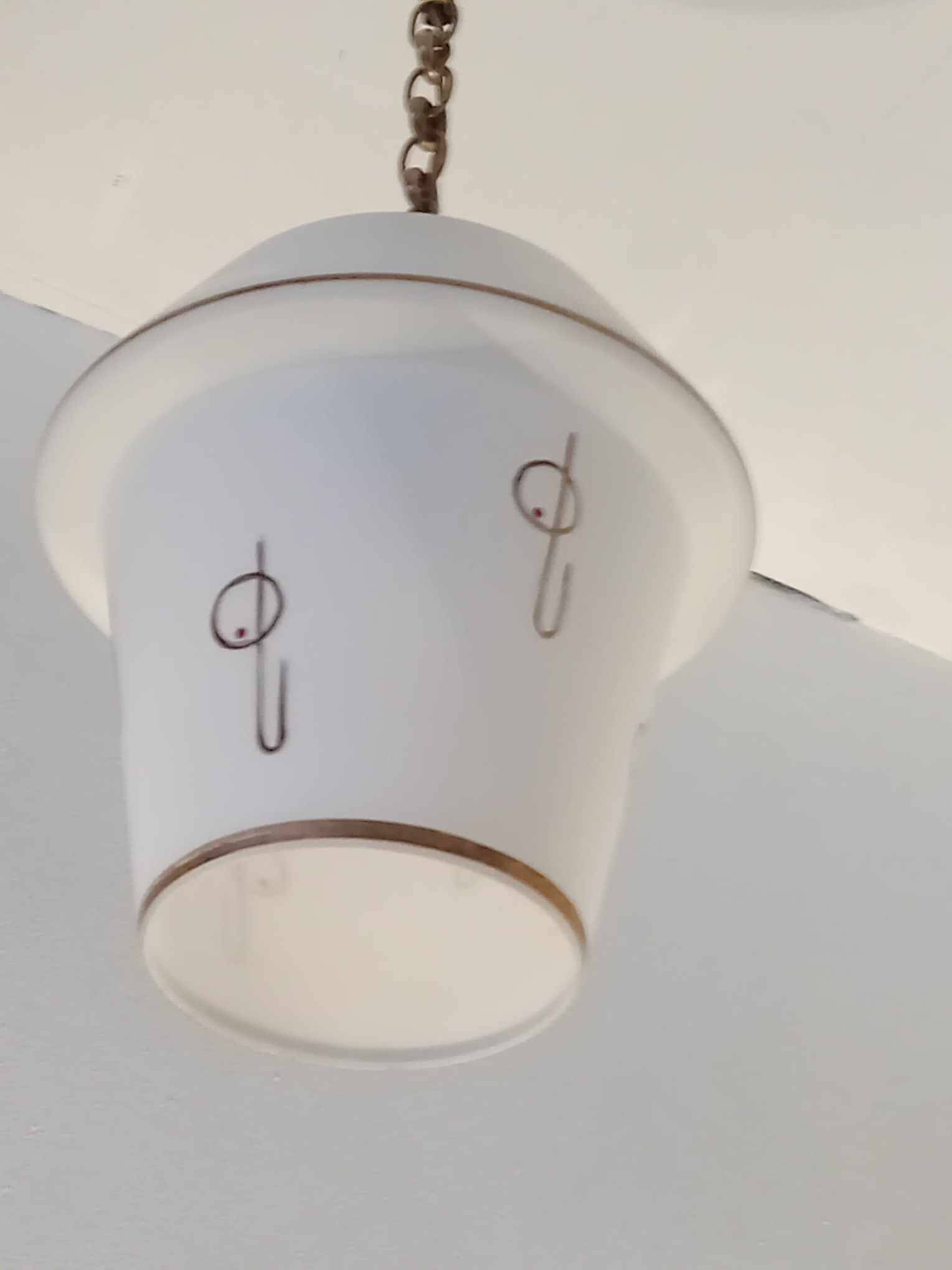 Opaline globe pendant light with stylized 1950s decoration