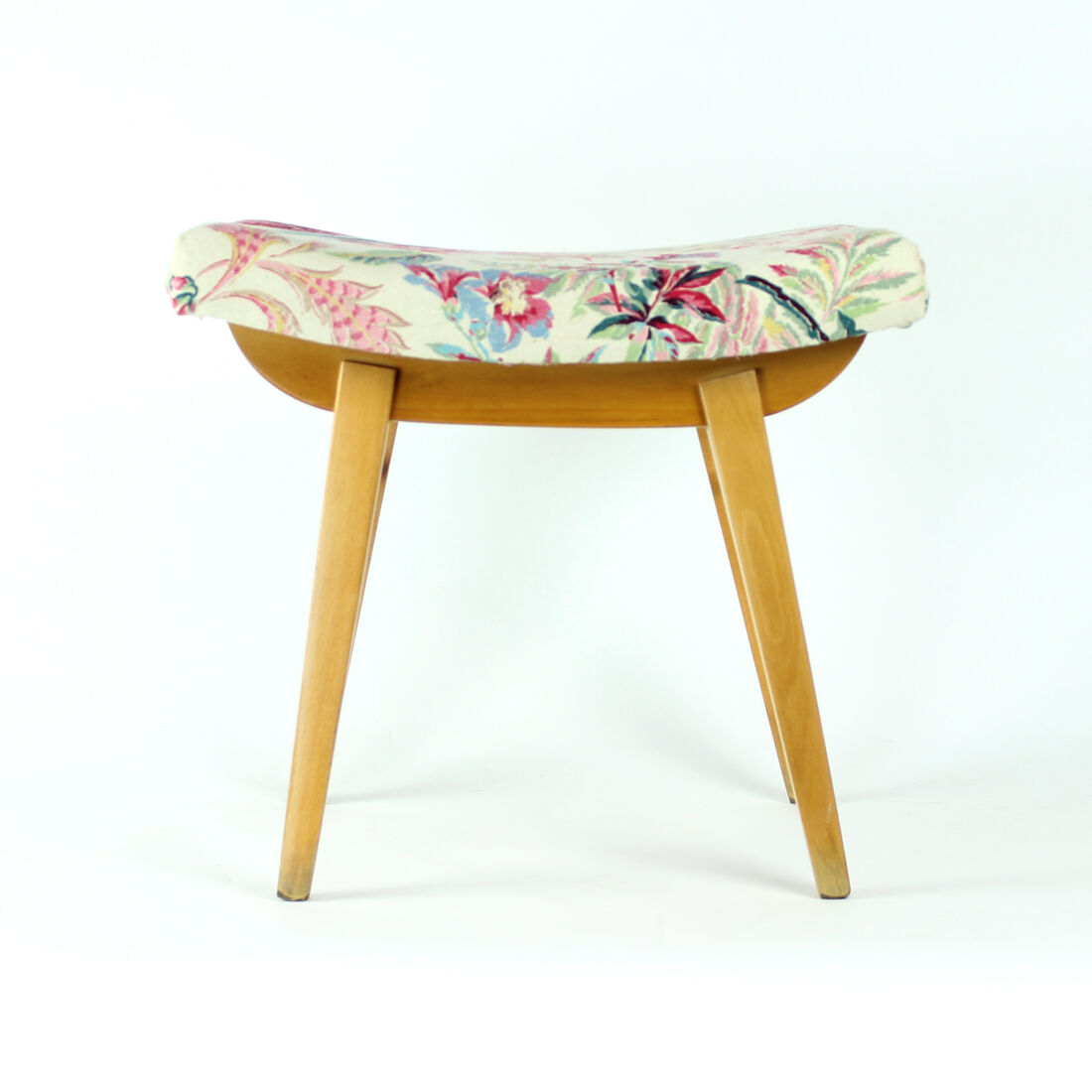 Tabouret mid century en chêne et lin, Ton Tchécoslovaquie années 1960