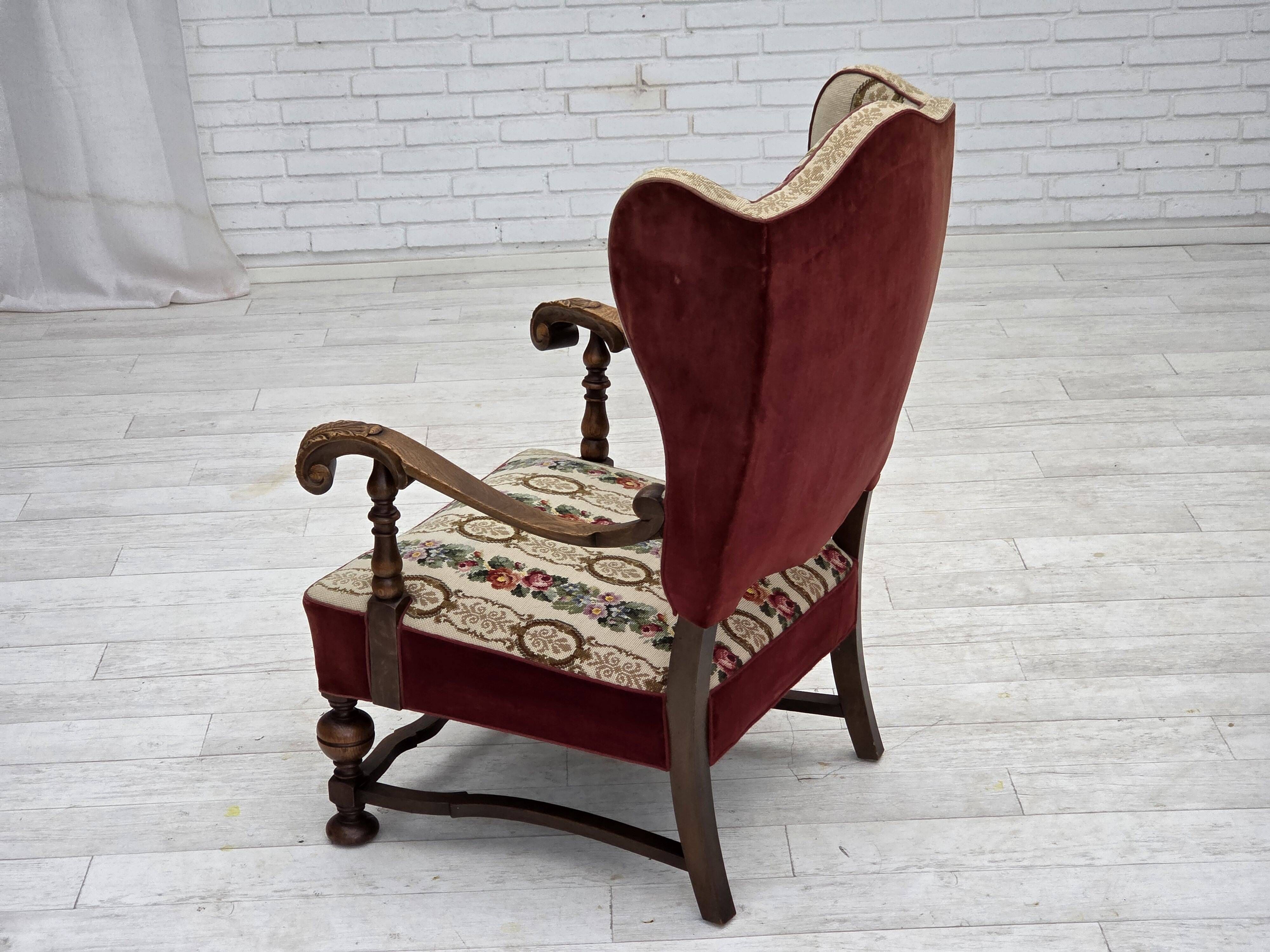 1950s, Danish wingback armchair, wool fabric, red furniture velour.