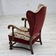 1950s, Danish wingback armchair, wool fabric, red furniture velour.