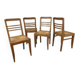 4 chaises bistrot reconstruction paille et bois années 50