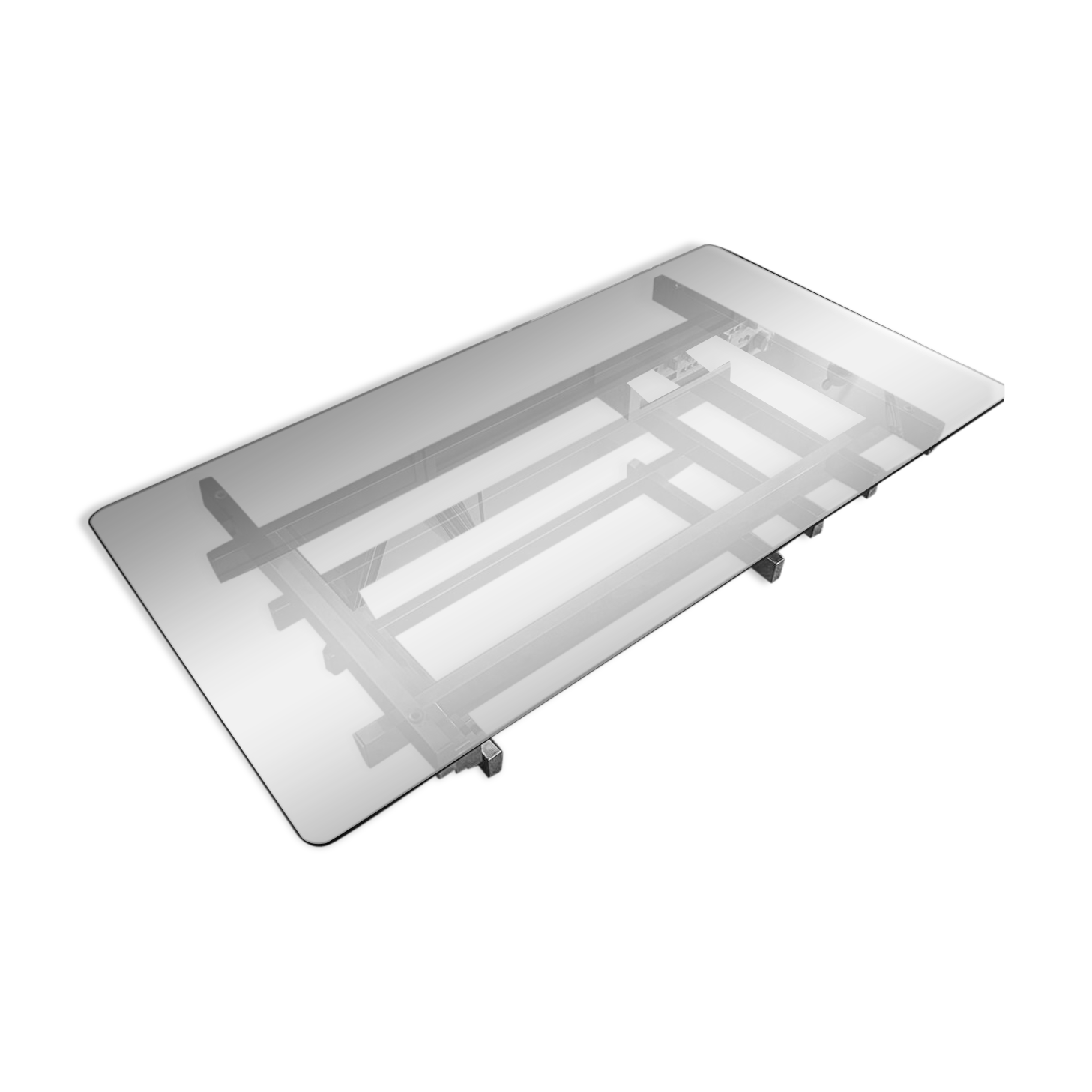 70s design coffee table in rectangular glass with chrome legs.