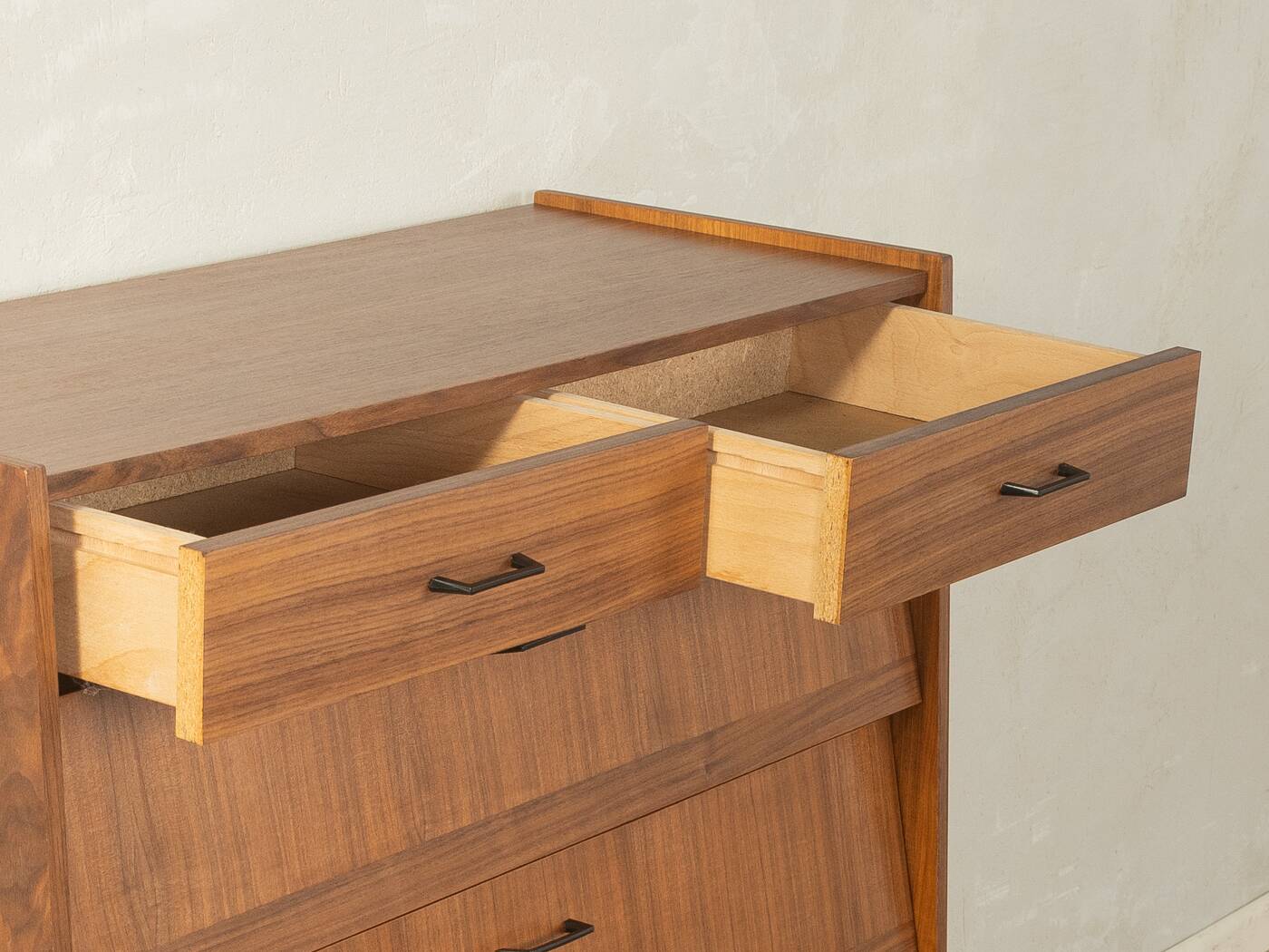 Classic shoe cabinet from the 1960s, walnut veneer, four drop-down doors, two drawers