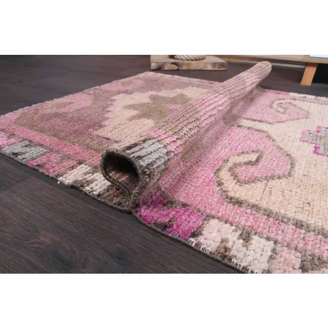 Vintage Turkish hand-knotted wool cotton pink runner rug 88x283