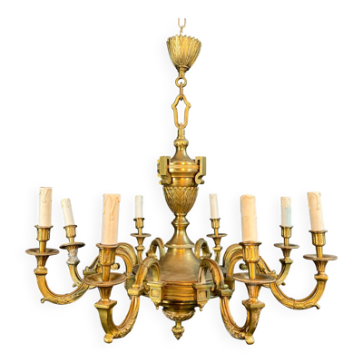 Important lustre en bronze ciselé de style Louis XVI à 8 bras de lumière de Lucien Gau